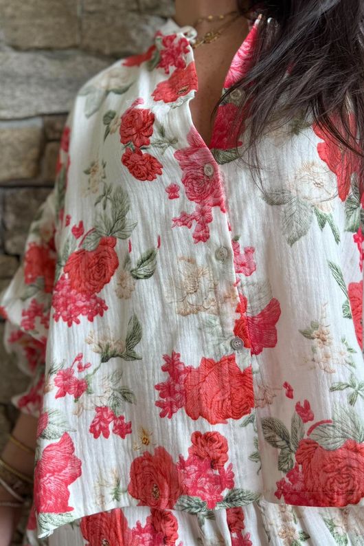 Daughter Of Ibiza Cabbage Rose Balloon Sleeve Shirt Scarlet 